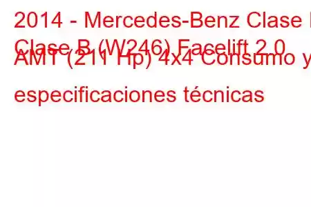 2014 - Mercedes-Benz Clase B
Clase B (W246) Facelift 2.0 AMT (211 Hp) 4x4 Consumo y especificaciones técnicas