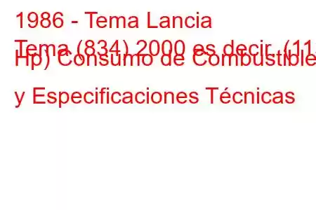 1986 - Tema Lancia
Tema (834) 2000 es decir. (113 Hp) Consumo de Combustible y Especificaciones Técnicas