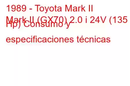 1989 - Toyota Mark II
Mark II (GX70) 2.0 i 24V (135 Hp) Consumo y especificaciones técnicas