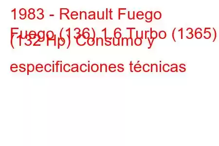 1983 - Renault Fuego
Fuego (136) 1.6 Turbo (1365) (132 Hp) Consumo y especificaciones técnicas