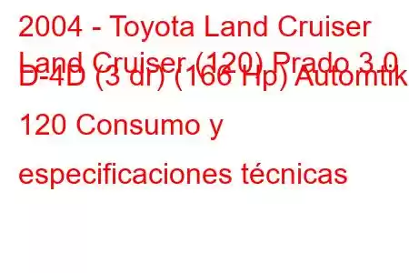 2004 - Toyota Land Cruiser
Land Cruiser (120) Prado 3.0 D-4D (3 dr) (166 Hp) Automtik 120 Consumo y especificaciones técnicas