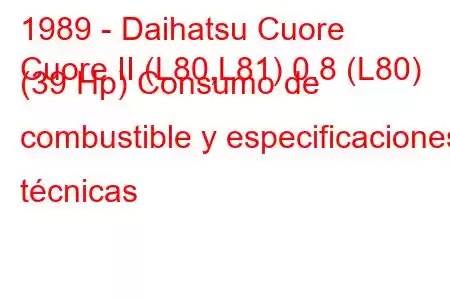 1989 - Daihatsu Cuore
Cuore II (L80,L81) 0.8 (L80) (39 Hp) Consumo de combustible y especificaciones técnicas