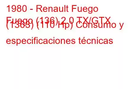 1980 - Renault Fuego
Fuego (136) 2.0 TX/GTX (1363) (110 Hp) Consumo y especificaciones técnicas