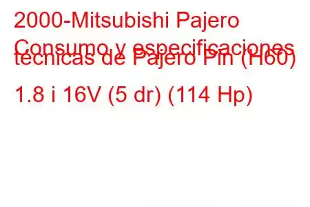 2000-Mitsubishi Pajero
Consumo y especificaciones técnicas de Pajero Pin (H60) 1.8 i 16V (5 dr) (114 Hp)