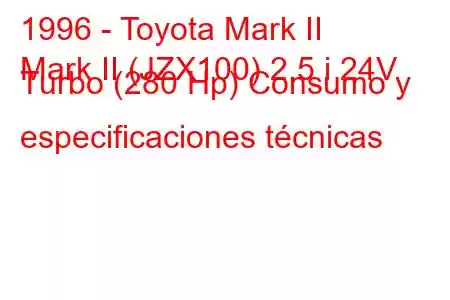 1996 - Toyota Mark II
Mark II (JZX100) 2.5 i 24V Turbo (280 Hp) Consumo y especificaciones técnicas