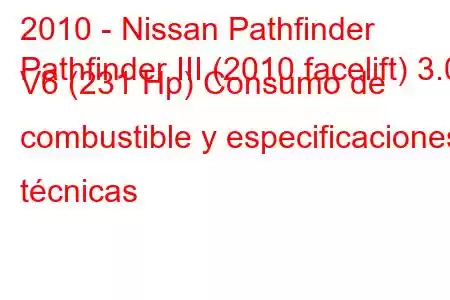 2010 - Nissan Pathfinder
Pathfinder III (2010 facelift) 3.0 V6 (231 Hp) Consumo de combustible y especificaciones técnicas