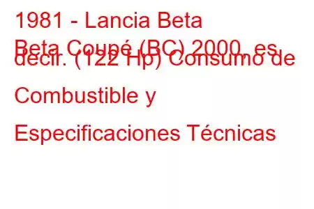 1981 - Lancia Beta
Beta Coupé (BC) 2000, es decir. (122 Hp) Consumo de Combustible y Especificaciones Técnicas