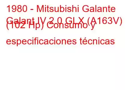 1980 - Mitsubishi Galante
Galant IV 2.0 GLX (A163V) (102 Hp) Consumo y especificaciones técnicas