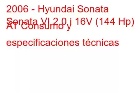 2006 - Hyundai Sonata
Sonata VI 2.0 i 16V (144 Hp) AT Consumo y especificaciones técnicas