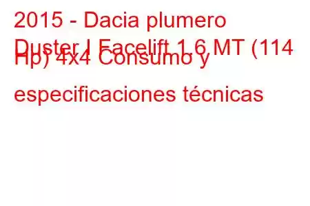 2015 - Dacia plumero
Duster I Facelift 1.6 MT (114 Hp) 4x4 Consumo y especificaciones técnicas