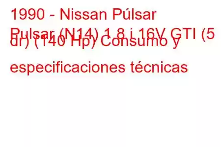 1990 - Nissan Púlsar
Pulsar (N14) 1.8 i 16V GTI (5 dr) (140 Hp) Consumo y especificaciones técnicas