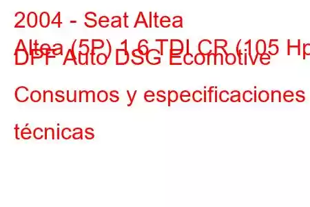 2004 - Seat Altea
Altea (5P) 1.6 TDI CR (105 Hp) DPF Auto DSG Ecomotive Consumos y especificaciones técnicas