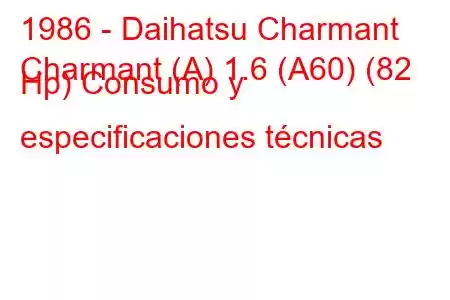 1986 - Daihatsu Charmant
Charmant (A) 1.6 (A60) (82 Hp) Consumo y especificaciones técnicas