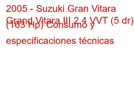 2005 - Suzuki Gran Vitara
Grand Vitara III 2.4 VVT (5 dr) (163 Hp) Consumo y especificaciones técnicas