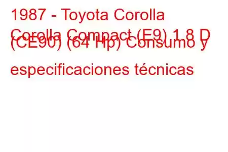 1987 - Toyota Corolla
Corolla Compact (E9) 1.8 D (CE90) (64 Hp) Consumo y especificaciones técnicas