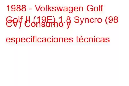 1988 - Volkswagen Golf
Golf II (19E) 1.8 Syncro (98 CV) Consumo y especificaciones técnicas