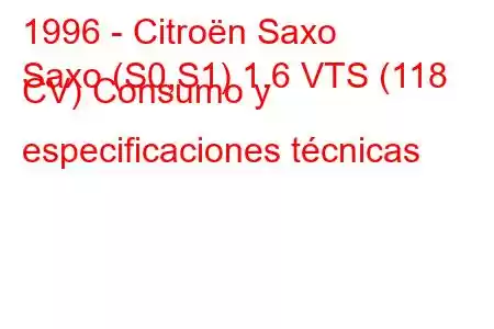 1996 - Citroën Saxo
Saxo (S0,S1) 1.6 VTS (118 CV) Consumo y especificaciones técnicas