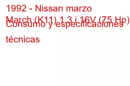 1992 - Nissan marzo
March (K11) 1.3 i 16V (75 Hp) Consumo y especificaciones técnicas