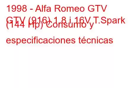 1998 - Alfa Romeo GTV
GTV (916) 1.8 i 16V T.Spark (144 Hp) Consumo y especificaciones técnicas