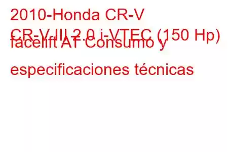 2010-Honda CR-V
CR-V III 2.0 i-VTEC (150 Hp) facelift AT Consumo y especificaciones técnicas