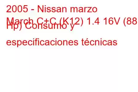 2005 - Nissan marzo
March C+C (K12) 1.4 16V (88 Hp) Consumo y especificaciones técnicas