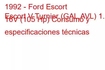 1992 - Ford Escort
Escort V Turnier (GAL,AVL) 1.8 16V (105 Hp) Consumo y especificaciones técnicas