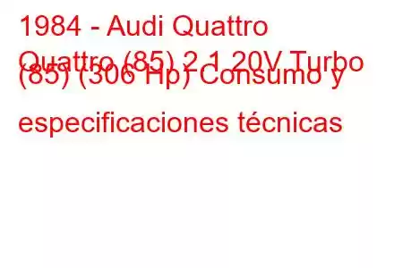 1984 - Audi Quattro
Quattro (85) 2.1 20V Turbo (85) (306 Hp) Consumo y especificaciones técnicas