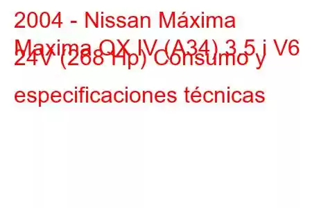 2004 - Nissan Máxima
Maxima QX IV (A34) 3.5 i V6 24V (268 Hp) Consumo y especificaciones técnicas