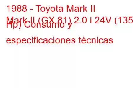 1988 - Toyota Mark II
Mark II (GX 81) 2.0 i 24V (135 Hp) Consumo y especificaciones técnicas