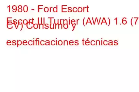 1980 - Ford Escort
Escort III Turnier (AWA) 1.6 (79 CV) Consumo y especificaciones técnicas