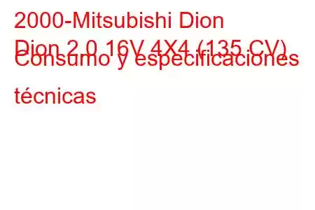 2000-Mitsubishi Dion
Dion 2.0 16V 4X4 (135 CV) Consumo y especificaciones técnicas