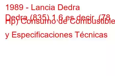 1989 - Lancia Dedra
Dedra (835) 1,6 es decir. (78 Hp) Consumo de Combustible y Especificaciones Técnicas