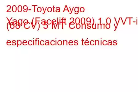 2009-Toyota Aygo
Yago (Facelift 2009) 1.0 VVT-i (68 CV) 5 МТ Consumo y especificaciones técnicas