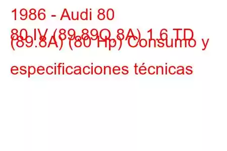 1986 - Audi 80
80 IV (89.89Q,8A) 1.6 TD (89.8A) (80 Hp) Consumo y especificaciones técnicas