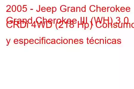 2005 - Jeep Grand Cherokee
Grand Cherokee III (WH) 3.0 CRDi 4WD (218 Hp) Consumo y especificaciones técnicas