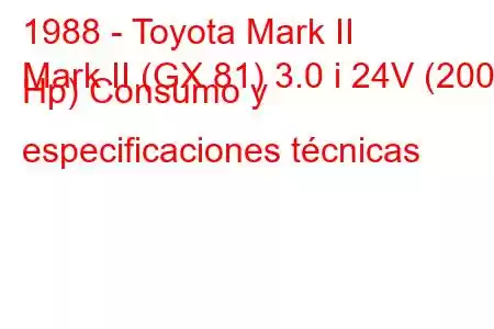 1988 - Toyota Mark II
Mark II (GX 81) 3.0 i 24V (200 Hp) Consumo y especificaciones técnicas