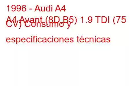 1996 - Audi A4
A4 Avant (8D,B5) 1.9 TDI (75 CV) Consumo y especificaciones técnicas