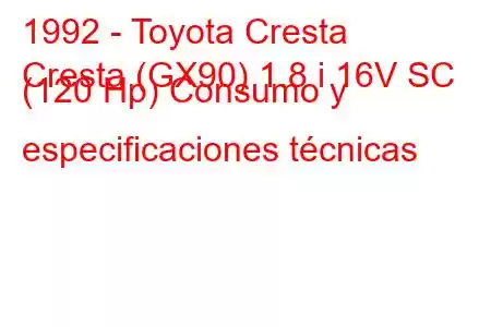 1992 - Toyota Cresta
Cresta (GX90) 1.8 i 16V SC (120 Hp) Consumo y especificaciones técnicas