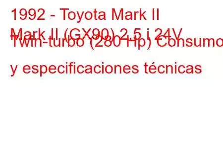 1992 - Toyota Mark II
Mark II (GX90) 2.5 i 24V Twin-turbo (280 Hp) Consumo y especificaciones técnicas