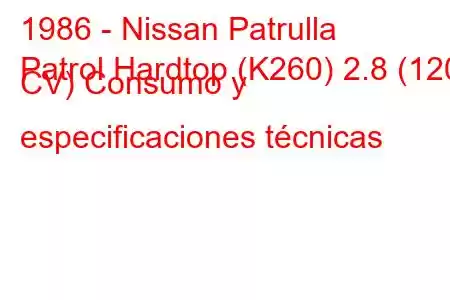 1986 - Nissan Patrulla
Patrol Hardtop (K260) 2.8 (120 CV) Consumo y especificaciones técnicas