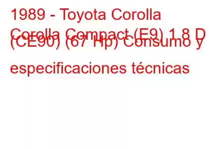 1989 - Toyota Corolla
Corolla Compact (E9) 1.8 D (CE90) (67 Hp) Consumo y especificaciones técnicas