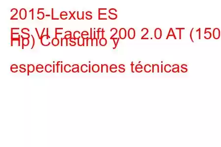 2015-Lexus ES
ES VI Facelift 200 2.0 AT (150 Hp) Consumo y especificaciones técnicas