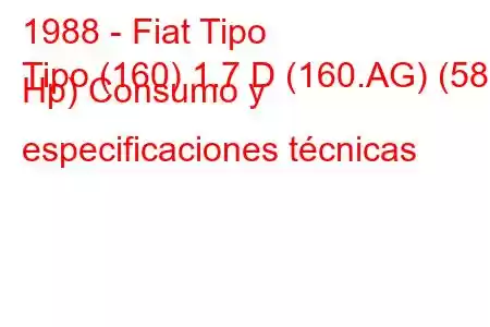 1988 - Fiat Tipo
Tipo (160) 1.7 D (160.AG) (58 Hp) Consumo y especificaciones técnicas