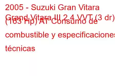 2005 - Suzuki Gran Vitara
Grand Vitara III 2.4 VVT (3 dr) (163 Hp) AT Consumo de combustible y especificaciones técnicas