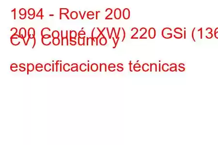 1994 - Rover 200
200 Coupé (XW) 220 GSi (136 CV) Consumo y especificaciones técnicas