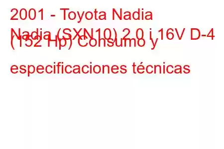 2001 - Toyota Nadia
Nadia (SXN10) 2.0 i 16V D-4 (152 Hp) Consumo y especificaciones técnicas