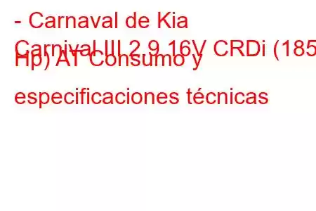 - Carnaval de Kia
Carnival III 2.9 16V CRDi (185 Hp) AT Consumo y especificaciones técnicas