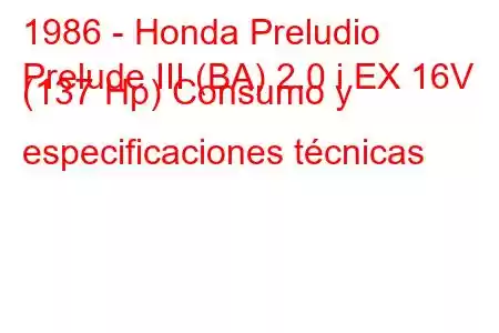 1986 - Honda Preludio
Prelude III (BA) 2.0 i EX 16V (137 Hp) Consumo y especificaciones técnicas