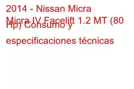 2014 - Nissan Micra
Micra IV Facelift 1.2 MT (80 Hp) Consumo y especificaciones técnicas