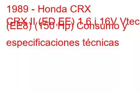 1989 - Honda CRX
CRX II (ED,EE) 1.6 i 16V Vtec (EE8) (150 Hp) Consumo y especificaciones técnicas